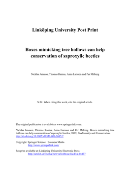 Linköping University Post Print Boxes Mimicking Tree Hollows Can Help