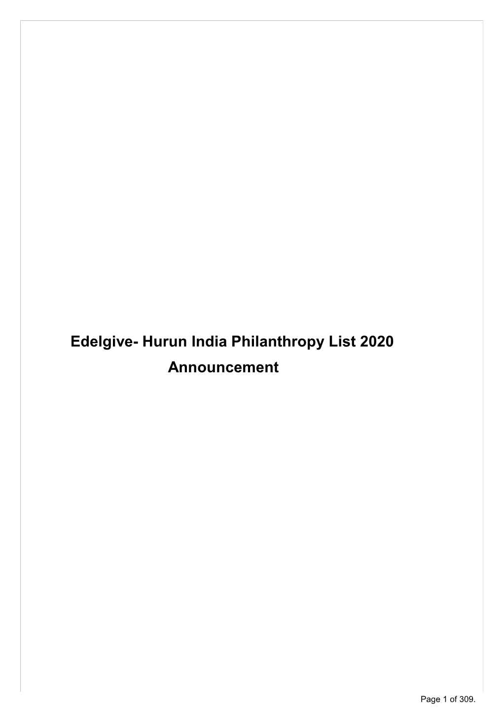 Edelgive- Hurun India Philanthropy List 2020 Announcement