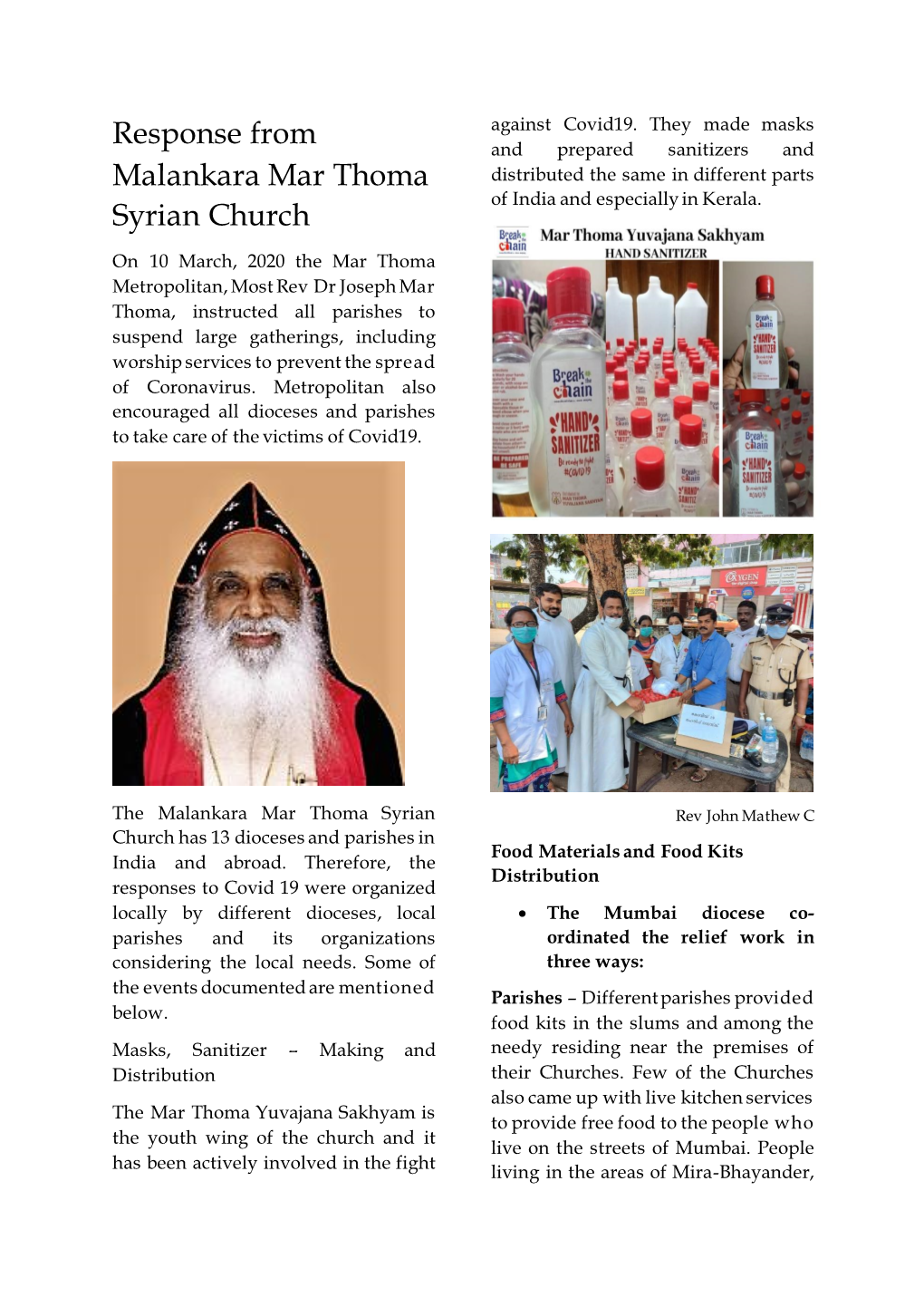 Response to COVID 19 from Malankara Mar Thoma Syrian Church