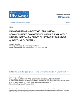 Music for Brass Quintet with Orchestral Accompaniment: Commissioned Works, the Annapolis Brass Quintet, and a Survey of Literature for Brass Quintet and Orchestra