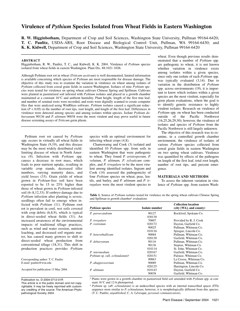 Virulence of Pythium Species Isolated from Wheat Fields in Eastern Washington