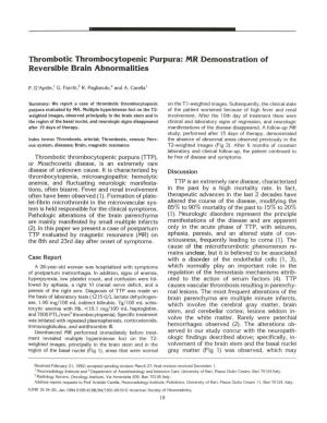 Thrombotic Thrombocytopenic Purpura: MR Demonstration of Reversible Brain Abnormalities