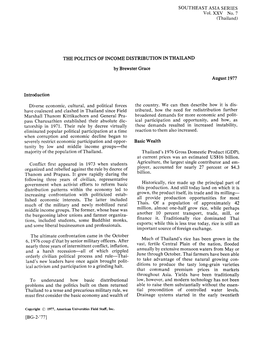 THE POLITICS of INCOME DISTRIBUTION in THAILAND by Brewster Grace August 1977