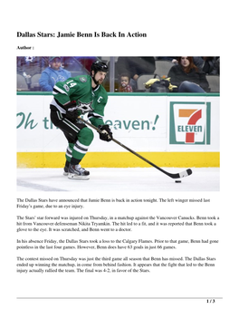 Dallas Stars: Jamie Benn Is Back in Action