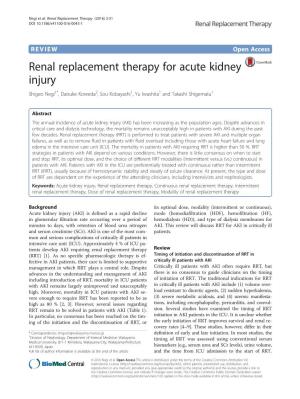 Renal Replacement Therapy for Acute Kidney Injury Shigeo Negi1*, Daisuke Koreeda2, Sou Kobayashi1, Yu Iwashita1 and Takashi Shigematu1