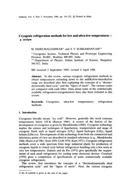 Cryogenic Refrigeration Methods for Low and Ultra-Low Temperatures - a Review