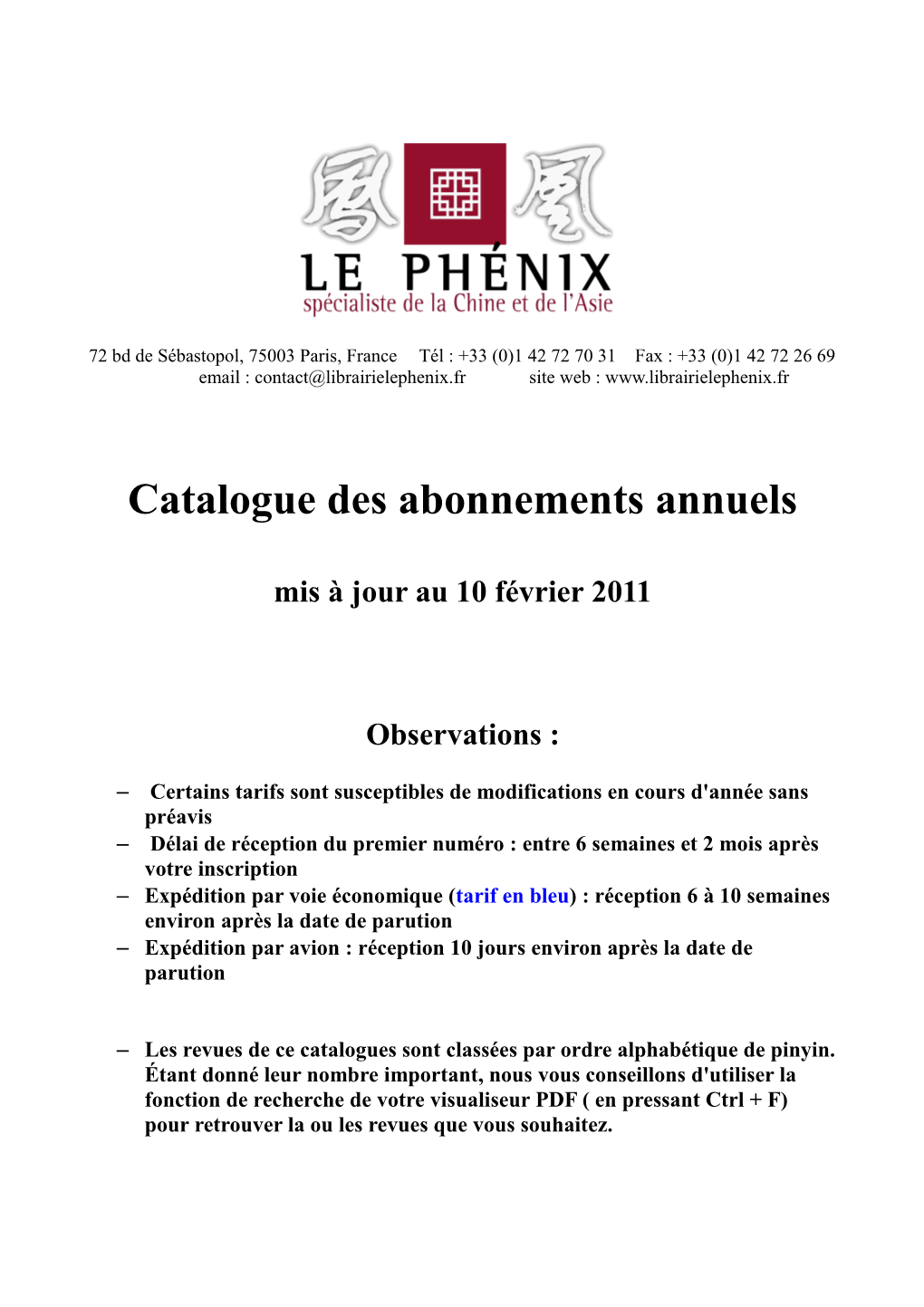 Catalogue Des Abonnements Annuels