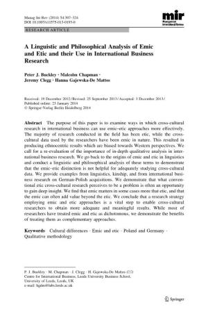 A Linguistic and Philosophical Analysis of Emic and Etic and Their Use in International Business Research