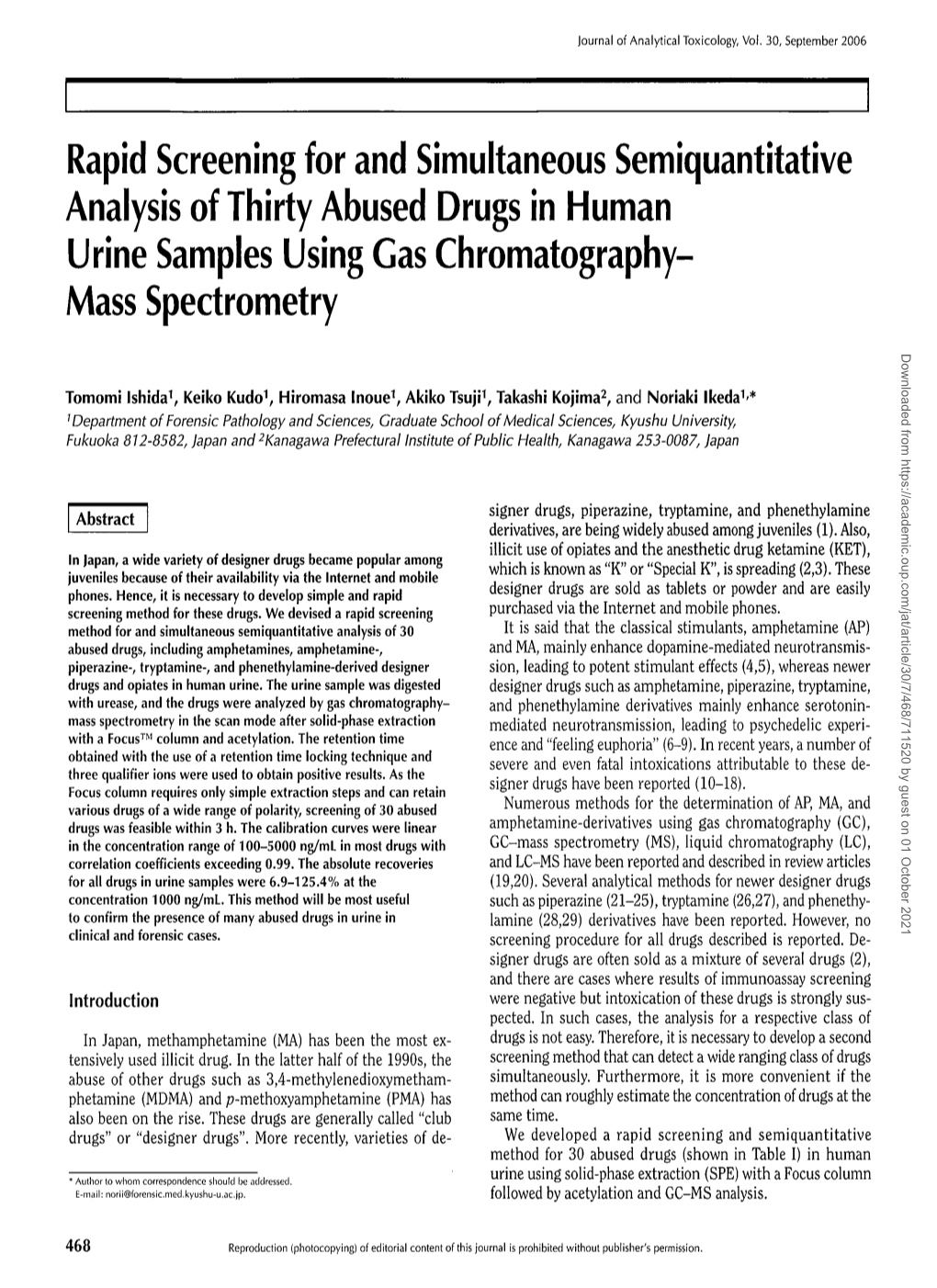 Rapid Screening for and Simultaneous Semiquantitative Analysis of Thirty Abused Drugs in Human Urine Samples Using Gas Chromatography-Mass Spectrometry" by T