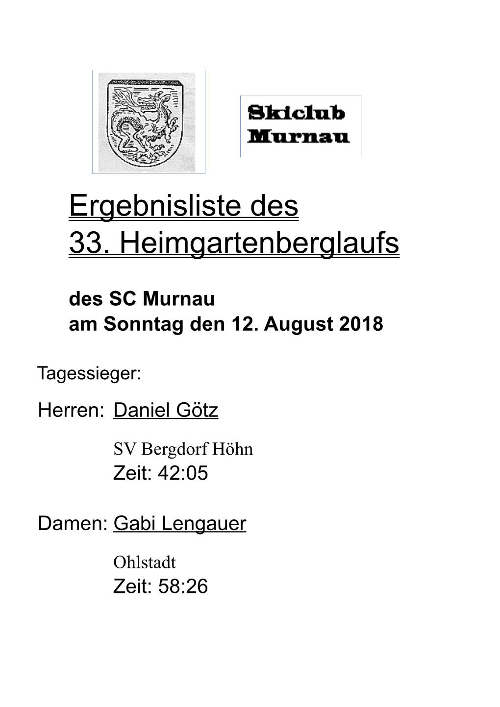 Ergebnisliste Des 33. Heimgartenberglaufs