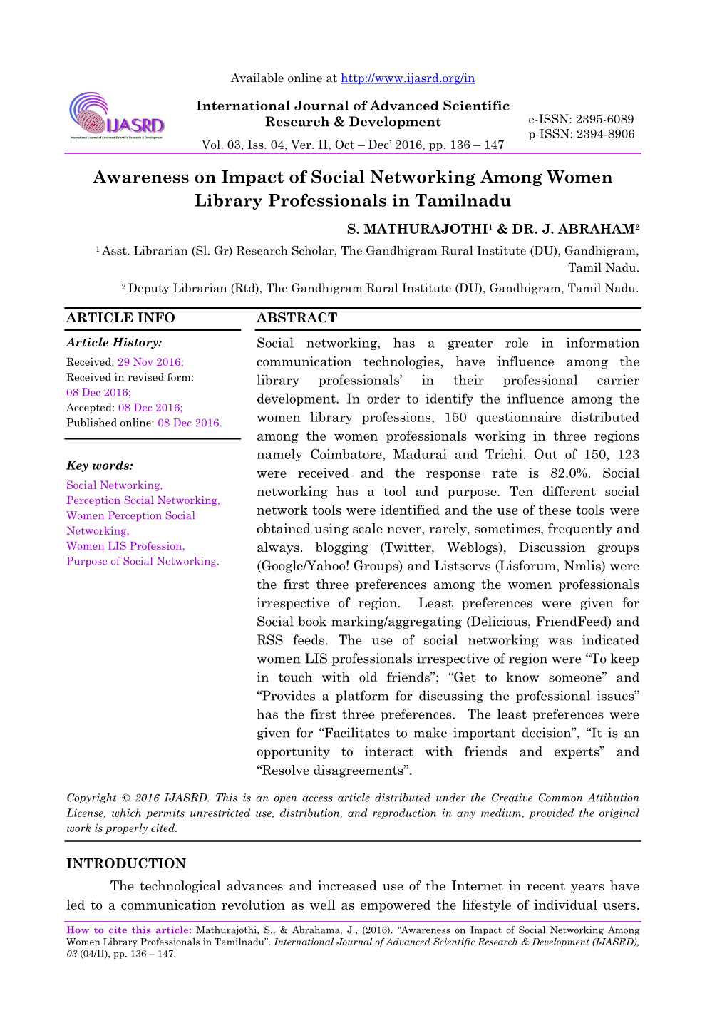 Awareness on Impact of Social Networking Among Women Library Professionals in Tamilnadu