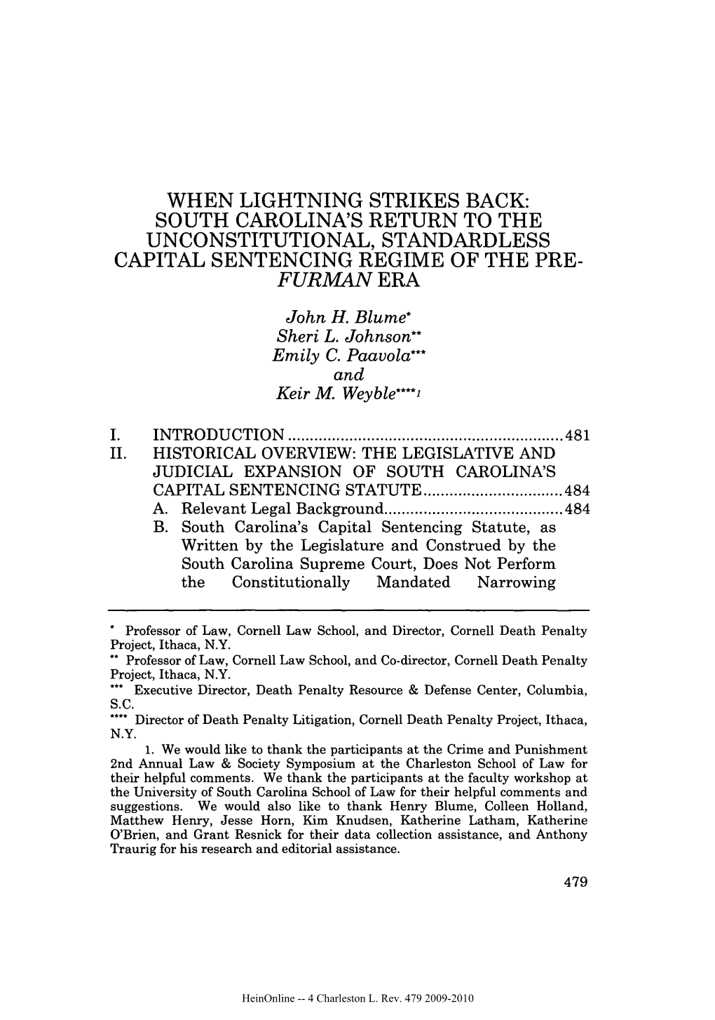 When Lightning Strikes Back: South Carolina's Return to the Unconstitutional, Standardless Capital Sentencing Regime of the Pre- Furman Era