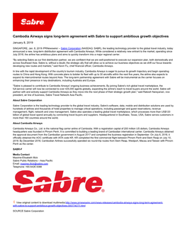 Cambodia Airways Signs Long-Term Agreement with Sabre to Support Ambitious Growth Objectives