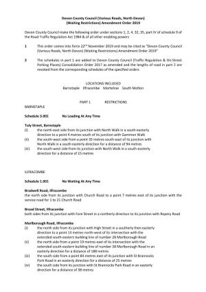 Devon County Council (Various Roads, North Devon) (Waiting Restrictions) Amendment Order 2019