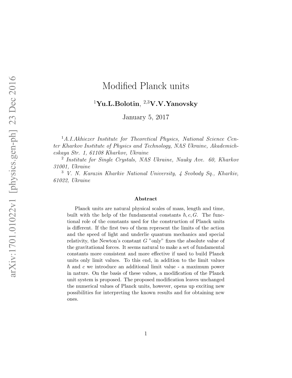 [Physics.Gen-Ph] 23 Dec 2016 Modified Planck Units