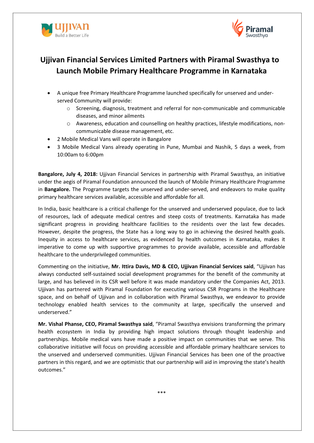 Ujjivan Financial Services Limited Partners with Piramal Swasthya to Launch Mobile Primary Healthcare Programme in Karnataka