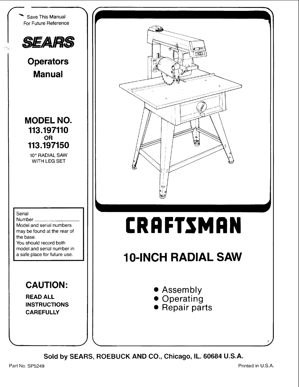Operators Manual MODEL NO. 113.197110