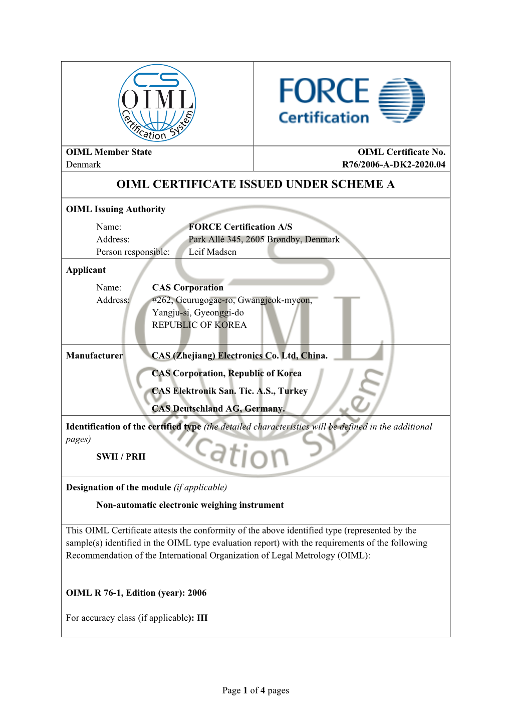 Oiml Certificate Issued Under Scheme A