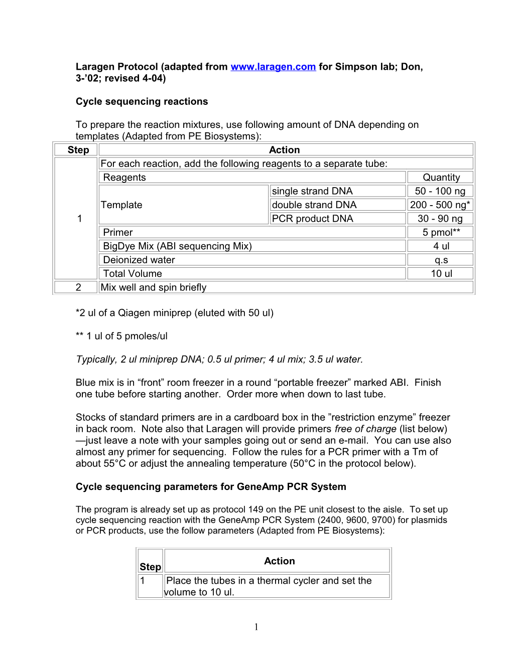 Laragen Protocol (Adapted from for Simpson Lab; Don, 3- 02; Revised 4-04)