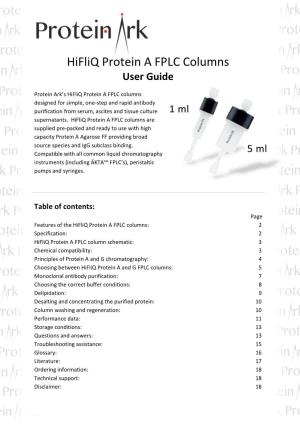 Hifliq Protein a FPLC Columns User Guide