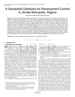 A Geospatial Database for Development Control in Jimeta Metropolis, Nigeria Abdurrahman Belel Ismaila, Patience Bokodo