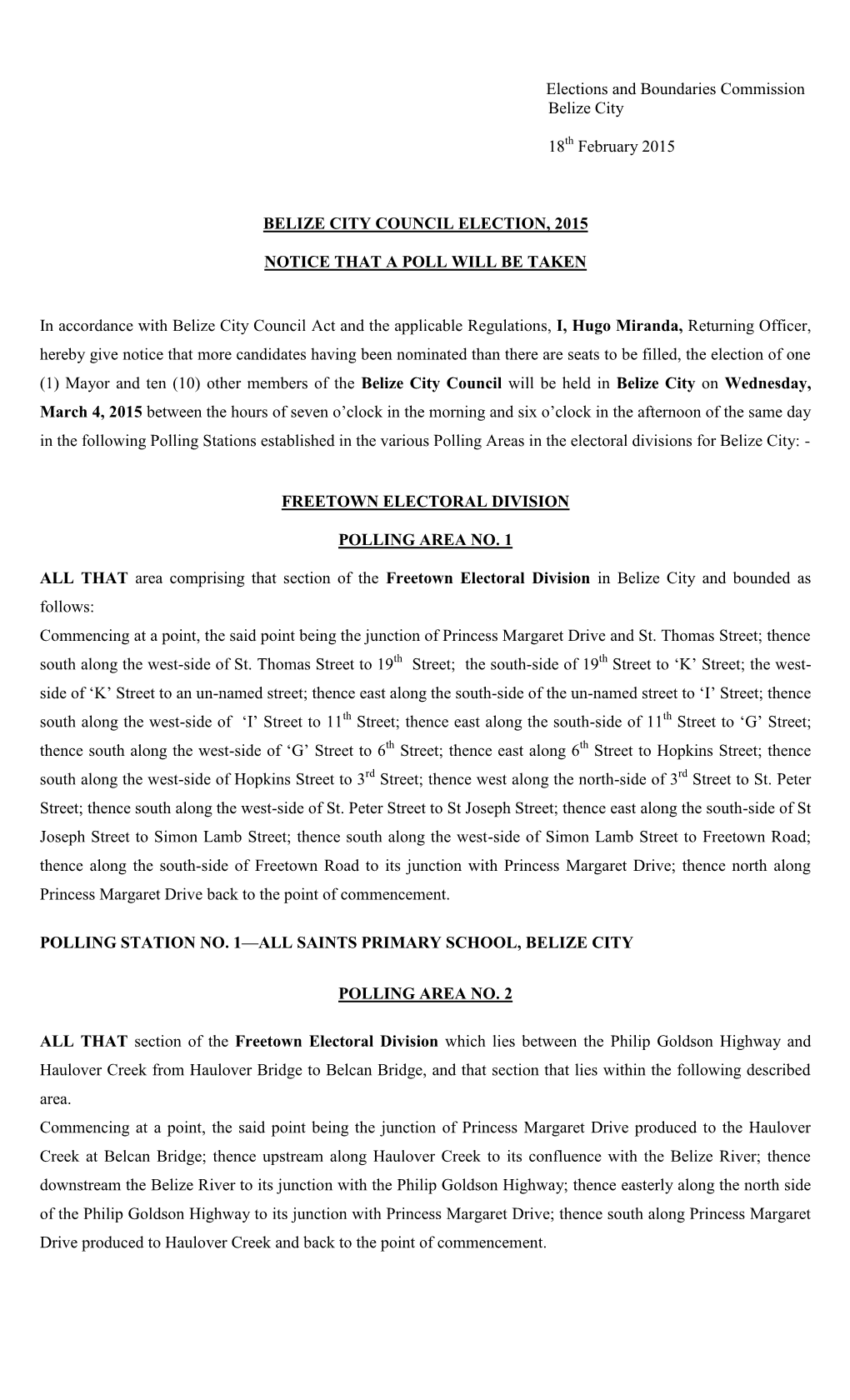 2015 Municipality Description of Polling Areas