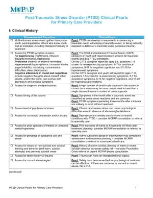 (PTSD) Clinical Pearls for Primary Care Providers