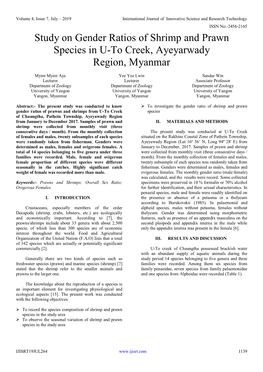 Study on Gender Ratios of Shrimp and Prawn Species in U-To Creek, Ayeyarwady Region, Myanmar