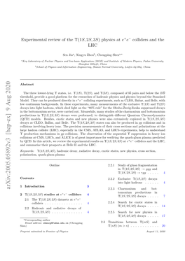 Arxiv:2005.05892V3 [Hep-Ex] 9 Aug 2020 2.2.3 Charmonium and Bot- Tomonium Productions in 2 Υ(1S, 2S, 3S) Studies at E+E− Colliders4 Υ(1S, 2S, 3S) Decays