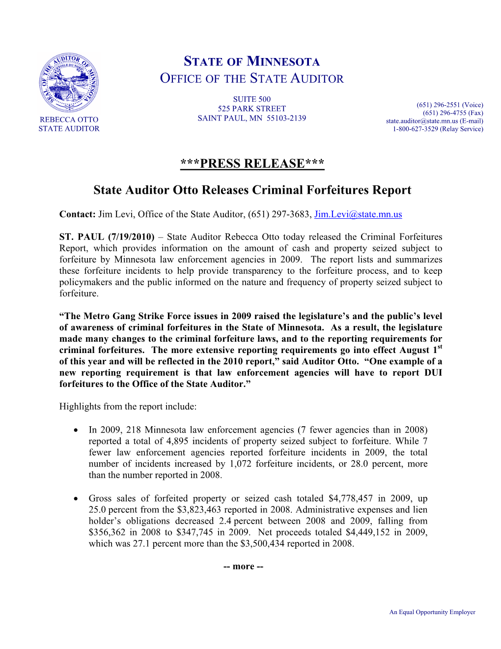 Press Release: State Auditor Otto Releases Criminal Forfeitures Report