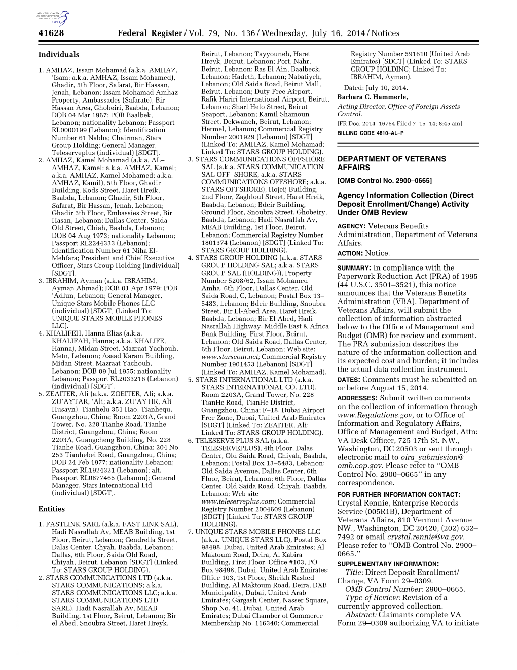 Federal Register/Vol. 79, No. 136/Wednesday, July 16, 2014