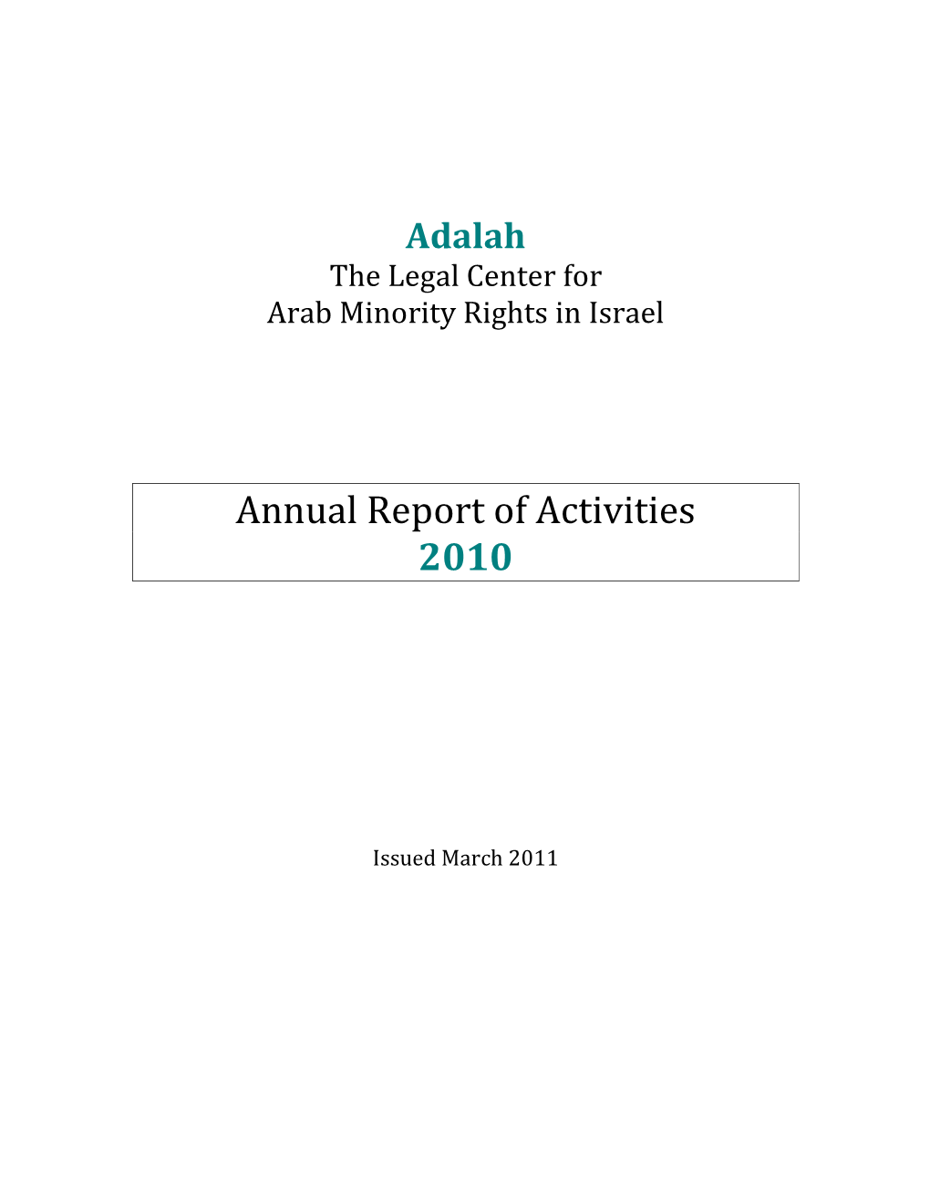 Adalah's Annual Report of Activities 2010