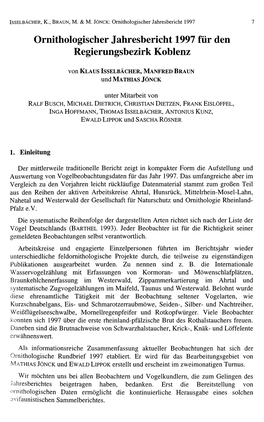 Ornithologischer Jahresbericht 1997 Für Den Regierungsbezirk Koblenz