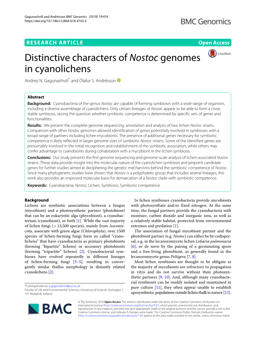 Distinctive Characters of Nostoc Genomes in Cyanolichens Andrey N