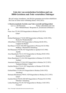 Liste Der Von Sowjetischen Gerichten Und Von DDR-Gerichten Zum Tode Verurteilten Thüringer