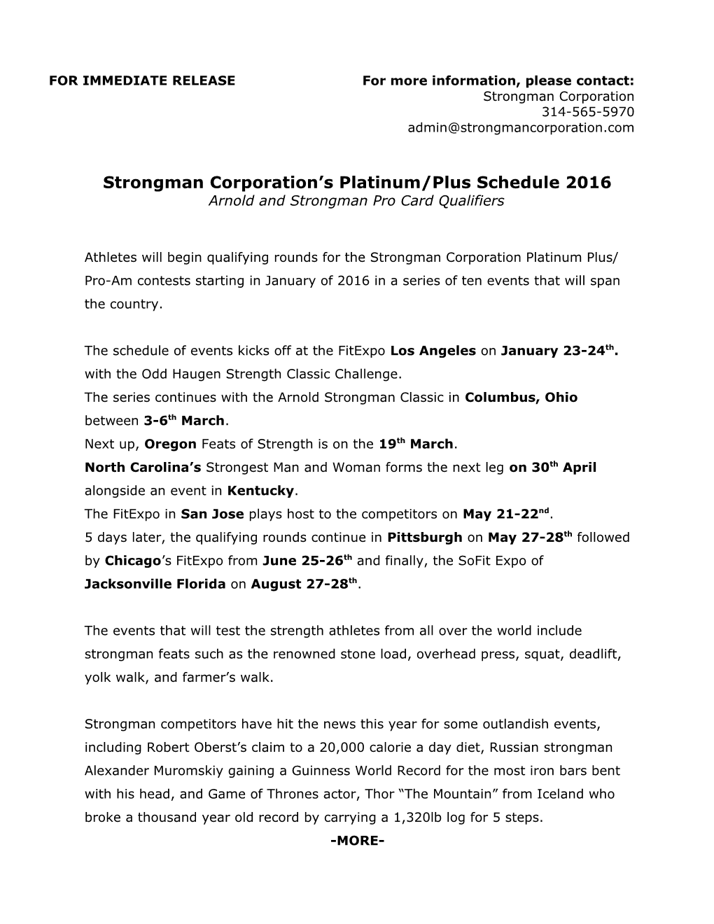 Strongman Corporation S Platinum/Plus Schedule 2016