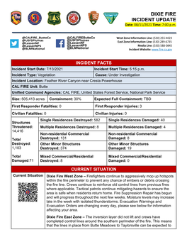 DIXIE FIRE INCIDENT UPDATE Date: 08/11/2021 Time: 7:00 P.M