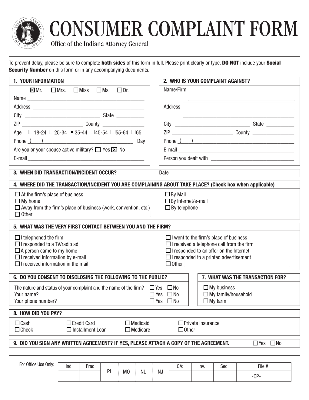 CONSUMER COMPLAINT FORM Office of the Indiana Attorney General