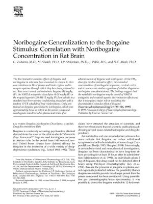 Noribogaine Generalization to the Ibogaine Stimulus: Correlation with Noribogaine Concentration in Rat Brain C