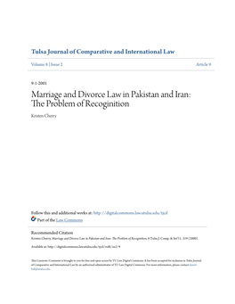 Marriage and Divorce Law in Pakistan and Iran: the Rp Oblem of Recoginition Kristen Cherry
