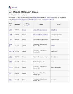 List of Radio Stations in Texas