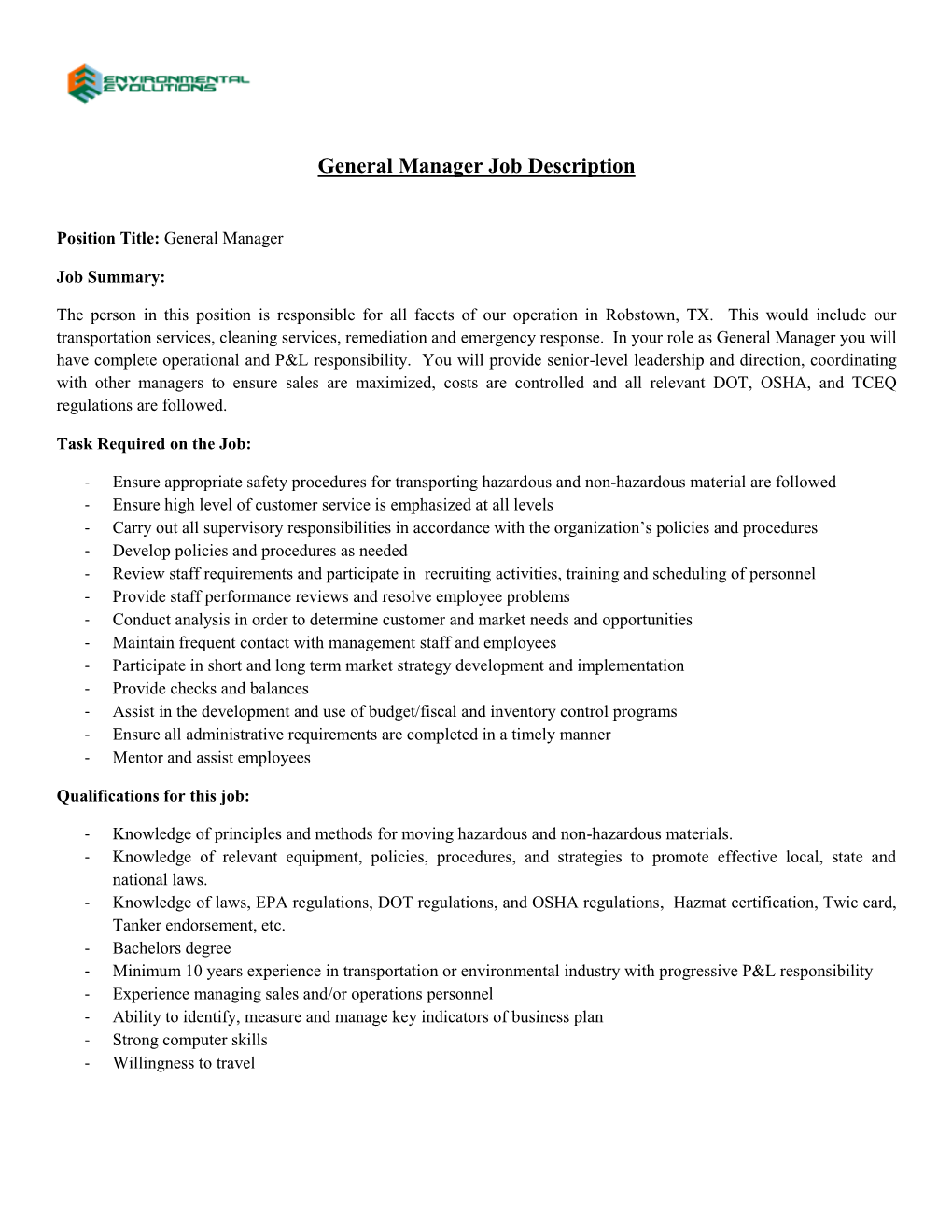 General Manager Job Description