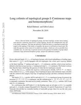 Long Colimits of Topological Groups I: Continuous Maps and Homeomorphisms