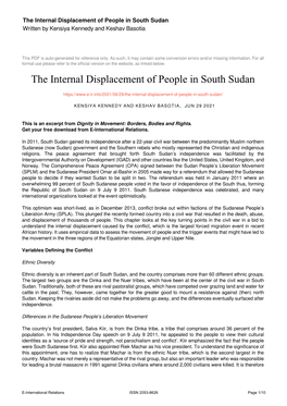 The Internal Displacement of People in South Sudan Written by Kensiya Kennedy and Keshav Basotia