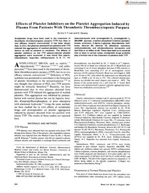 Effects of Platelet Inhibitors on the Platelet Aggregation Induced by Plasma from Patients with Thrombotic Thrombocytopenic Purpura