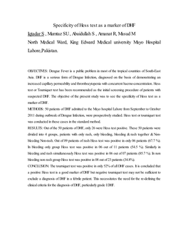 Specificity of Hess Test As a Marker of DHF Iqtadar S , Mumtaz SU