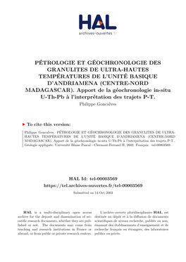 Pétrologie Et Géochronologie Des Granulites De Ultra-Hautes Températures De L’Unité Basique D’Andriamena (Centre-Nord Madagascar)