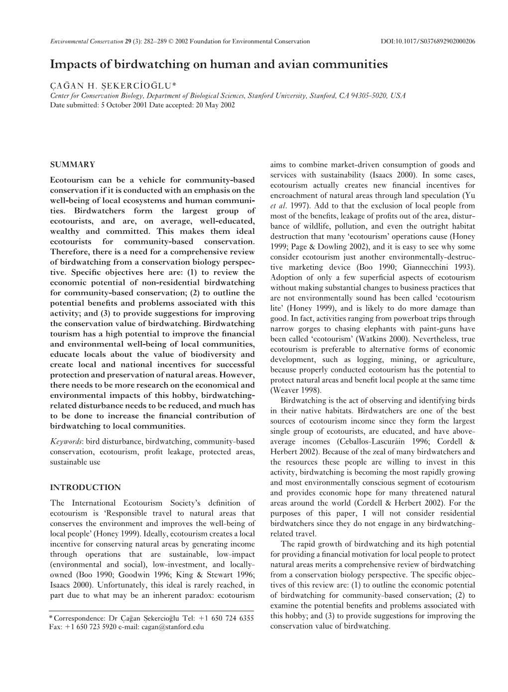 Impacts of Birdwatching on Human and Avian Communities