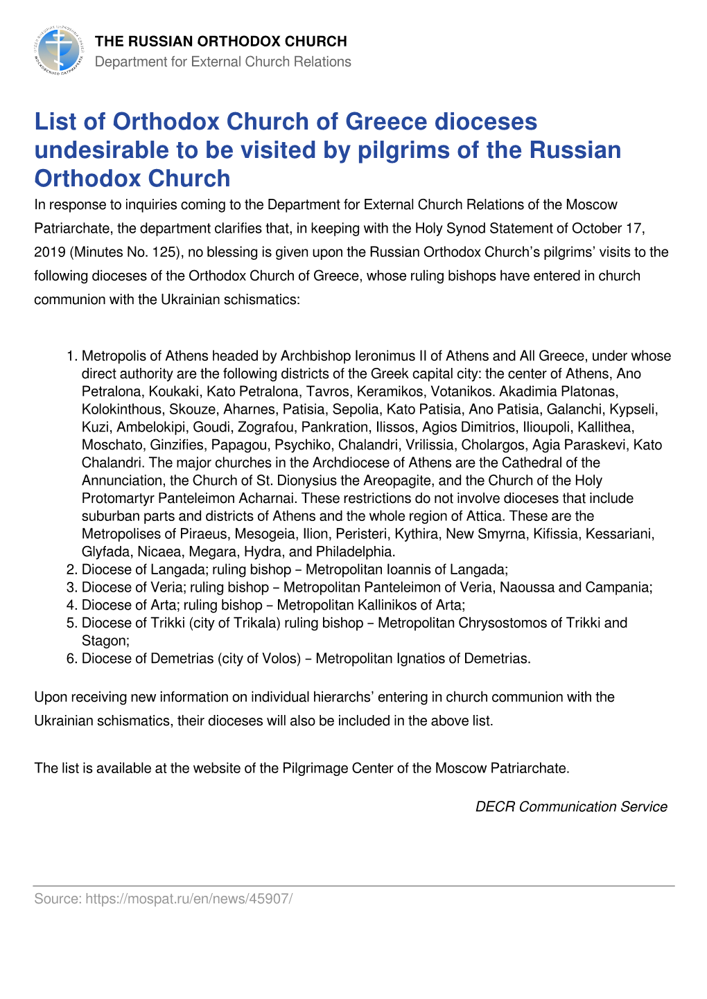 THE RUSSIAN ORTHODOX CHURCH Department for External Church Relations