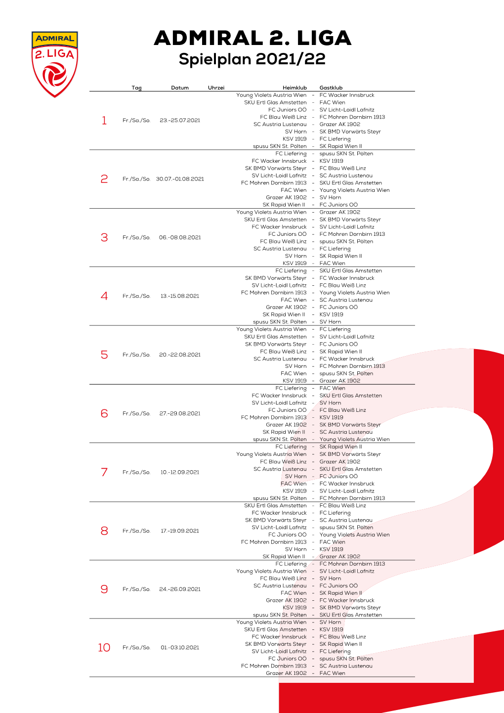 Spielplan Der Admiral 2. Liga 2021/22